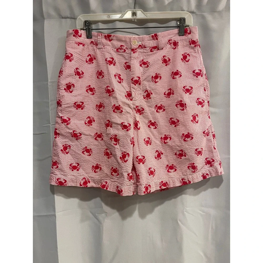 Vineyard Vines Mens 32 Seersucker Shorts Red White Striped Embroidered Crab Prep